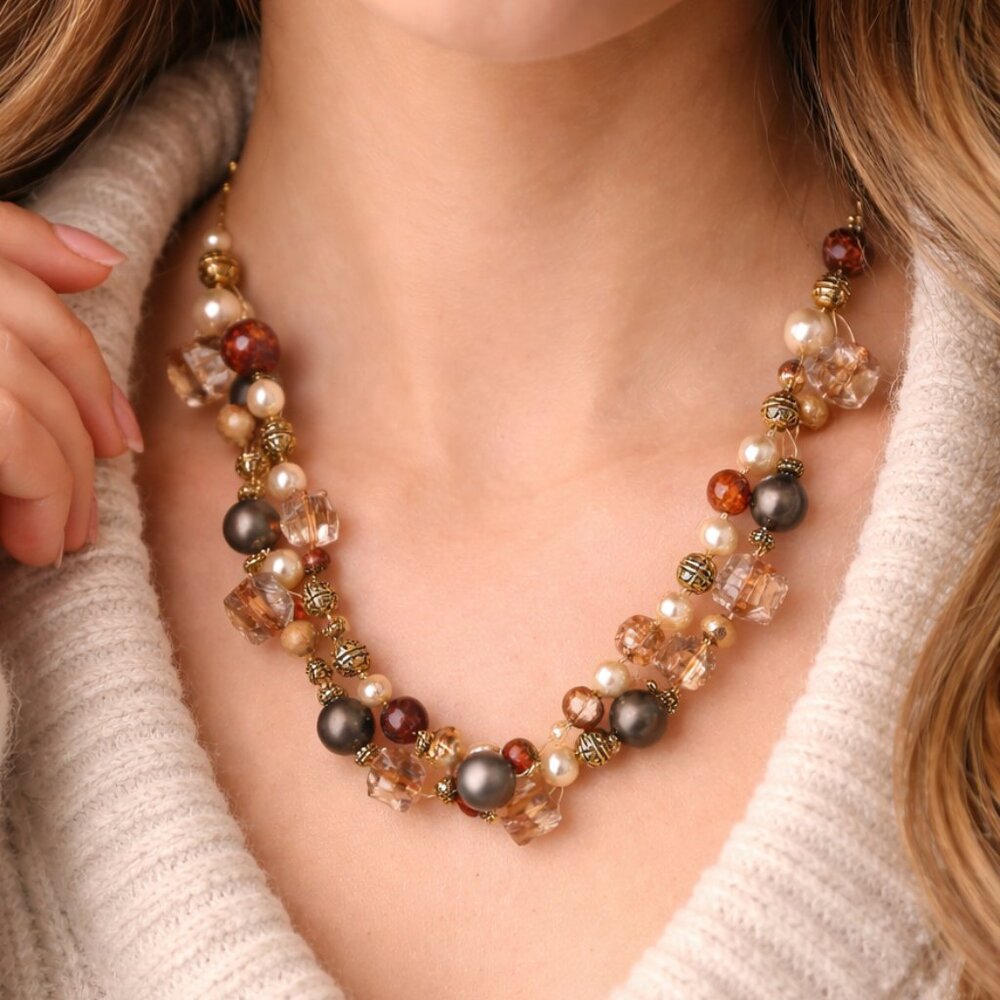 Neutral Pearl Mixed Bead Statement Necklace Gold Tone Toggle Boho Layered